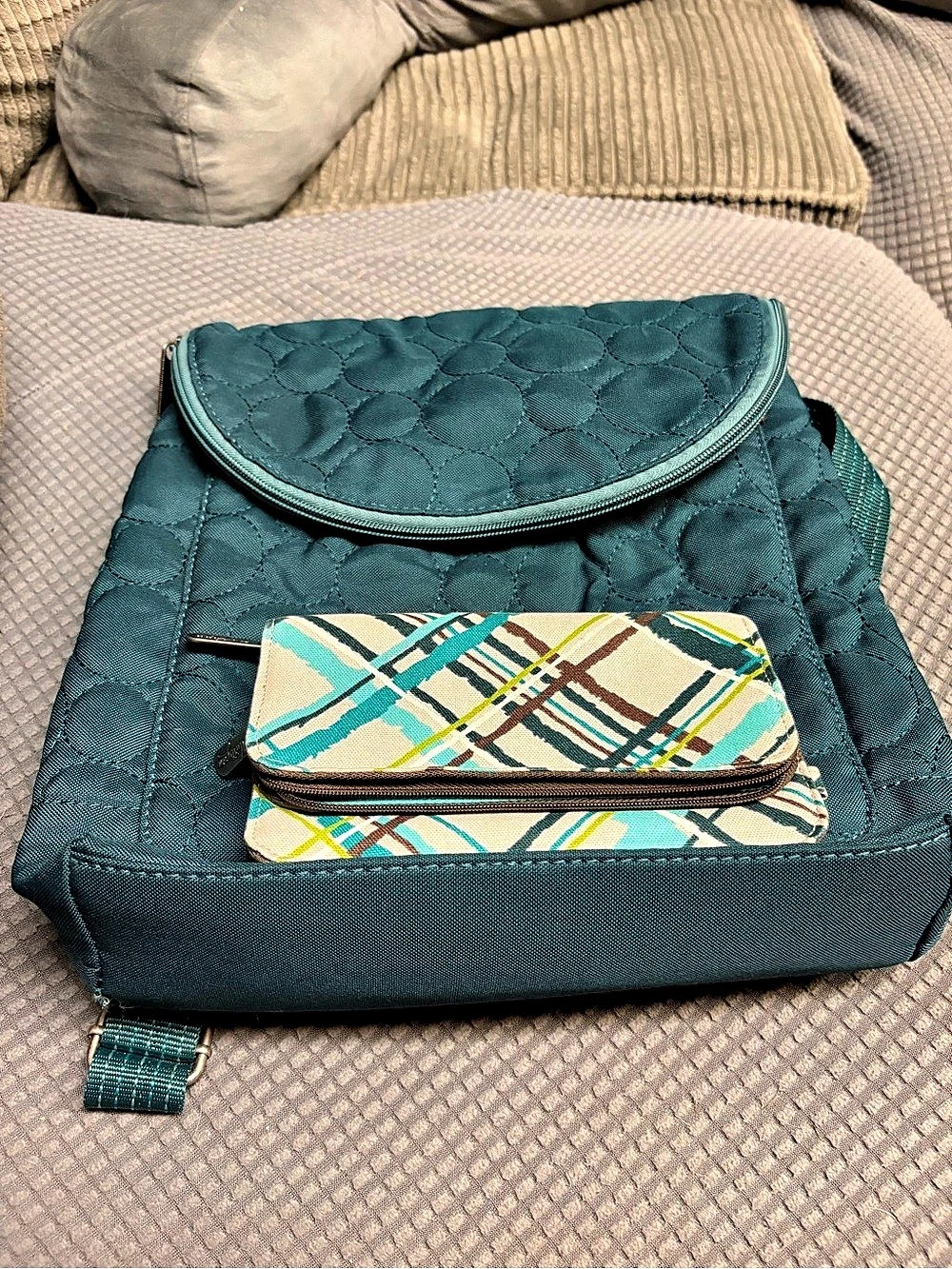 Thirty-One Vary You Convertible Backpack Purse & Matching Plaid Wallet Set - Tea